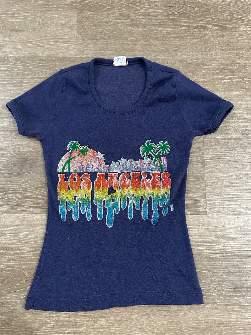 Navy Los Angeles Rainbow Drip Graphic baby tee 70s 60s vintage peeling
